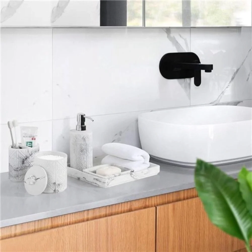 Bathroom Accessory Sets 5 Pcs, 3D Resin Vanity Tray, White